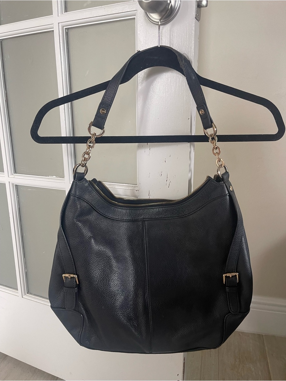 Ora Delphine Black Pebbled Leather Hobo Shoulder Bag Gold Chain